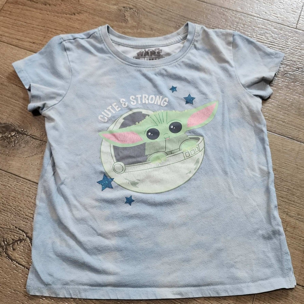 Star Wars Grogu Baby Yoda Cute & Strong Blue Acid Wash Tee Kids Size s